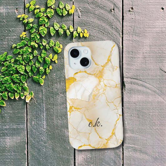 Coques Case-Mate iPhone Initiales monogramme sur marbre blanc jaune or