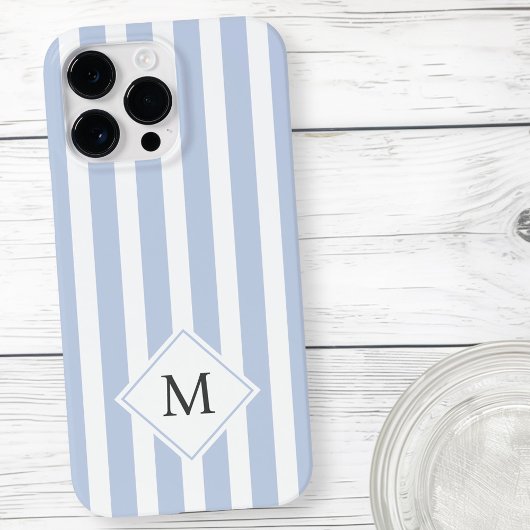 Coques Case-Mate iPhone Initiales monogrammes bleu clair pâle rayures blan