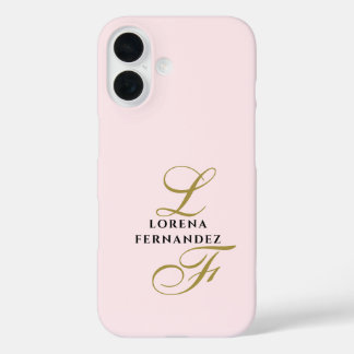Coques iPhone 16 Initials Pastel Pink Minimalist Gold Calligraphy 