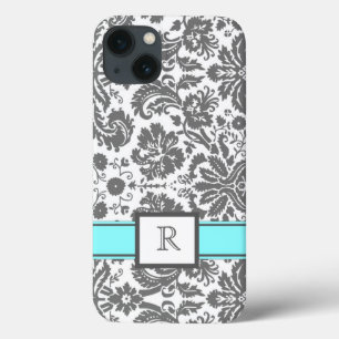 Etui iPhone 13 iPad Custom Monogramme Gris Aqua Floral Damask