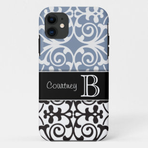 Coque iPhone 11 iPhone bleu 5 de monogramme de damassé d'ardoise