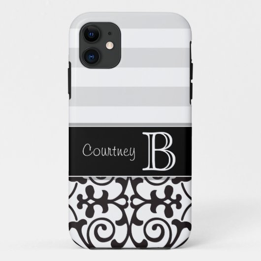 Coques Case-Mate iPhone iPhone gris blanc noir 5 de monogramme de damassé (Dos)