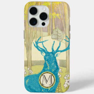 Coque iPhone 15 Pro Max Iphone Monogramme Vintage cerf Art Nouveau Forêt