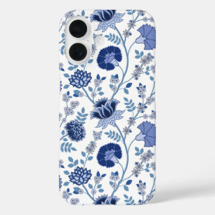 Coques iPhone 16 Jacobean Floral Big Motif Blues sur blanc