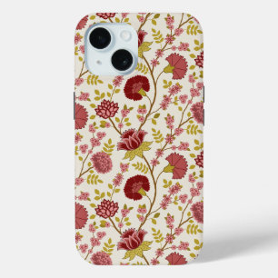 Coque Pour iPhone 15 Jacobean Floral Pattern Rouge Rose Gold Crème