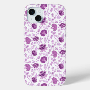 Coque iPhone 15 Mini Jacobean Floral Répétition Motif Pinks sur Blanc