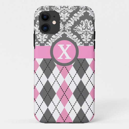 Coques Case-Mate iPhone Jacquard et damas motif rose, jaune monogramme (Dos)