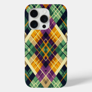 Coque iPhone 15 Pro Jacquard Mardi Gras jaune violet vert