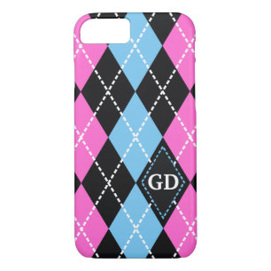 Coques Pour iPhone Jacquard motif noir, rose, monogramme bleu