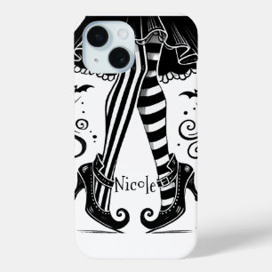 Coque Pour iPhone 15 Jambes de Sorcière Noir et Blanc Fête d'Halloween