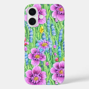 Coques iPhone 16 Jardin à fleurs cool motif coloré violet vert