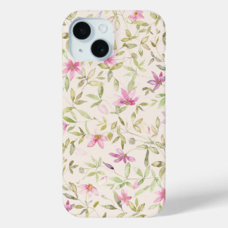 Coque Pour iPhone 15 Jardin Clematis aquarelle fleurie beige rose