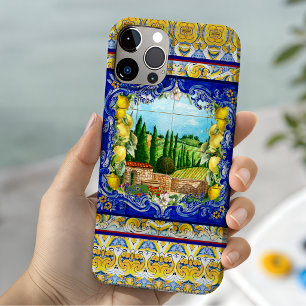 Coque Pour iPhone 15 jardin de citrons aux carreaux bleus de majolique