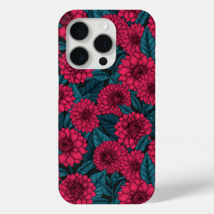Coque iPhone 15 Pro Jardin de Dahlia Rouge/feuilles bleus