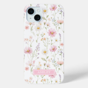 Coque iPhone 15 Mini Jardin de fleurs sauvages roses personnalisé