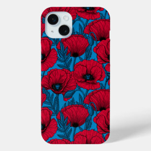 Coque iPhone 15 Mini Jardin de pavot rouge sur bleu