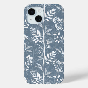 Coque Pour iPhone 15 Jardin de silhouette florale bleu poussiéreux