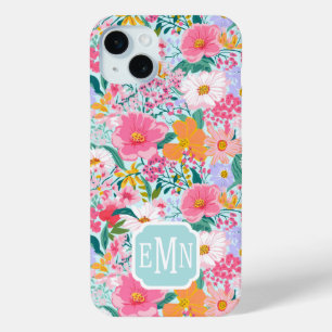 Coque iPhone 15 Mini Jardin Floral Coloré Moderne Monogrammé