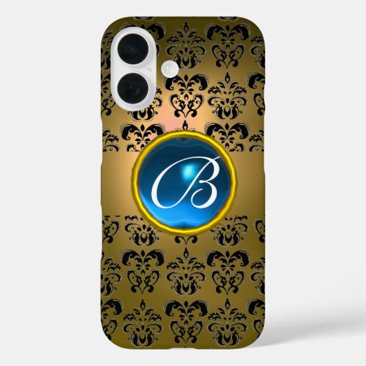 COQUES Case-Mate iPhone JAUNE BLACK DAMASK BLUE GEMSTONE MONOGRAM (Verso)