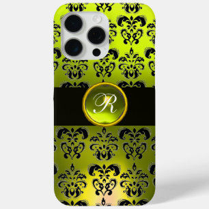 COQUE iPhone 15 PRO MAX JAUNE BLACK DAMASK GEM STONE MONOGRAM