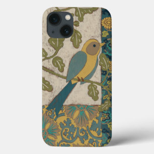 Etui iPhone 13 Jaune et oiseau bleu turquoise étés perché sur une