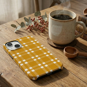 Coque Pour iPhone 15 Jaune Moutarde Rétro et Carreaux Texturés Blancs