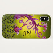 COQUES Case-Mate iPhone JAUNE ROSE FLORALE, BERRIES DAMASK MONOGRAM (Dos (Horizontal))