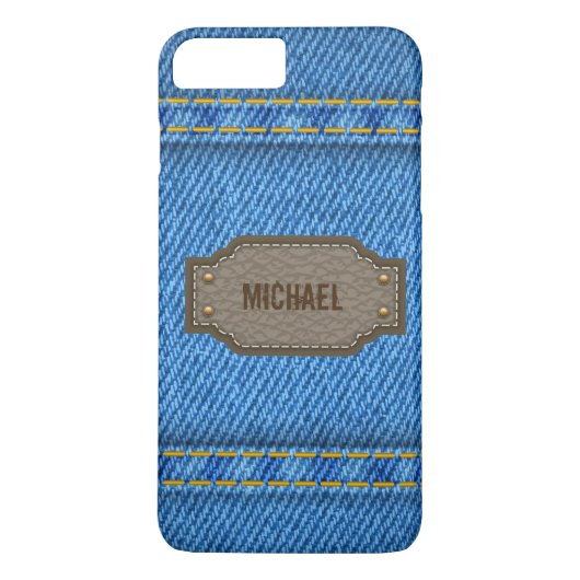 Coques Case-Mate iPhone Jeans en denim bleu avec étiquette en cuir (Dos)