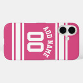 Coques Case-Mate iPhone Jersey de sport blanc rose avec nom et numéro (Verso (horizontal))