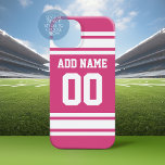 Coques iPhone 16 Jersey de sport blanc rose avec nom et numéro<br><div class="desc">Cette conception sportive est parfaite pour toute athlète féminine jouant à la crosse,  au football ou au softball. Vous changez les numéros en votre nombre de chance ou même un âge spécial pour une fête d'anniversaire.</div>