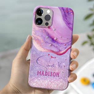 Coque Pour iPhone 15 Joli art de marbre violet paillettes monogramme