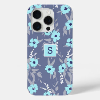 Coque iPhone 15 Pro Joli bleu fleurs Motif Monogramme / Initiale