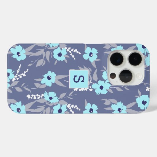 Coques Case-Mate iPhone Joli bleu fleurs Motif Monogramme / Initiale (Verso (horizontal))