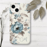Coque Pour iPhone 14 Joli bleu poussiéreux/Brown clair floral avec/init<br><div class="desc">Joli spray de fleurs de style boho bleu et blanc cassé avec feuillage brun clair sur coquille d'oeuf arrière - plan avec champ de texte pour vos initiales/monogramme/nom.</div>
