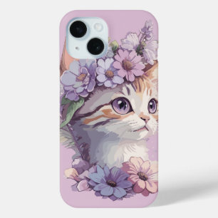 Coque Pour iPhone 15 Joli Chat Aquarelle Violet avec Flore