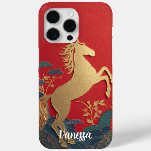 Coque iPhone 15 Pro Max Joli cheval en or éléphant rouge japonais élégant