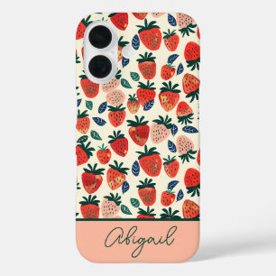 Coques iPhone 16 Joli design de fraise avec nom personnalisé