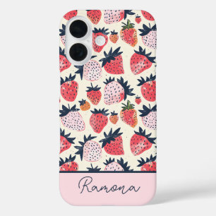 Coques iPhone 16 Joli design fraise avec nom personnalisé