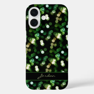 Coques iPhone 16 Joli émeraude vert & or éclat lumières avec nom