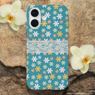 Coques iPhone 16 Joli floral turquoise avec dentelle blanche Fille 