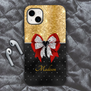 Coque Pour iPhone 14 Joli grand rouge glitterie argent arc cravate mono