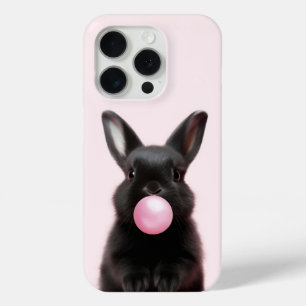 Coque iPhone 15 Pro Joli lapin noir soufflant de bulle rose gomme
