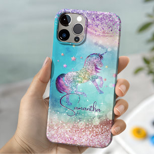 Coque Pour iPhone 14 Joli licorne rose paillettes arc-en-ciel aqua mono