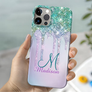 Coque Pour iPhone 14 Joli licorne turquoise aqua paillettes monogramme