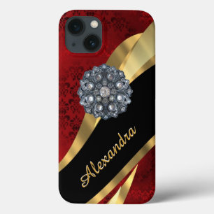 iPhone 13 Case Joli modèle rouge damassé élégant personnalisé
