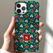 Coques Case-Mate iPhone Joli Monogramme Cerises Floral à Points Teal