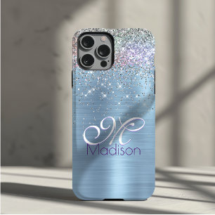 Case-Mate iPhone Case Joli monogramme iridescent bleu glacé faux paillet