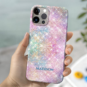Coque Pour iPhone 15 Joli monogramme iridescent licorne rose faux paill