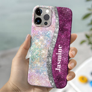 Coque Pour iPhone 15 Joli monogramme iridescent rose argent faux paille