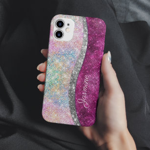 Case-Mate iPhone Case Joli monogramme iridescent rose argent pailleté fa